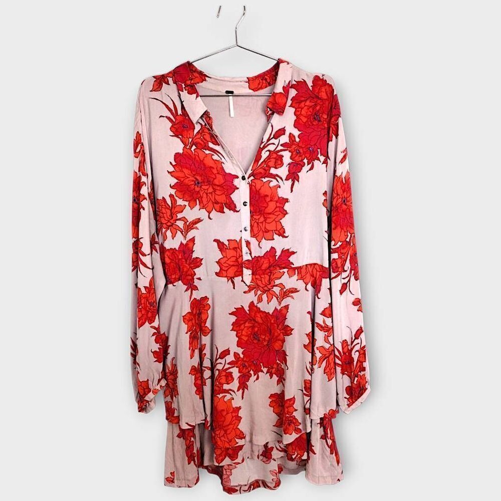 Free People Pink Tunic Dress with Red Floral Print
